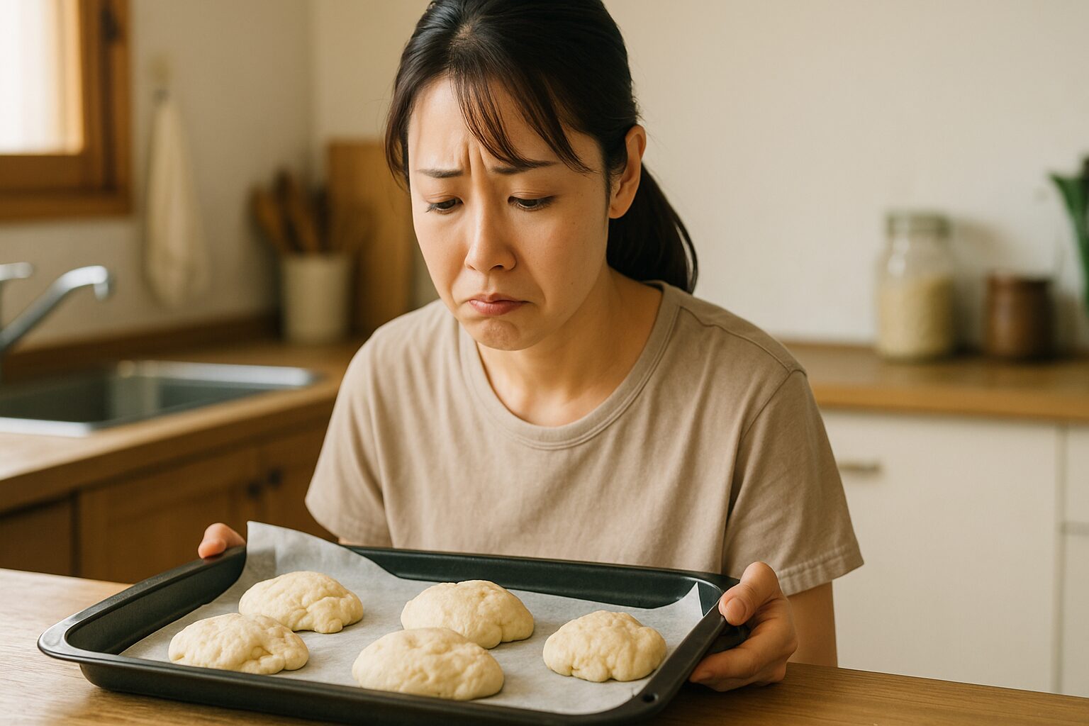 パン一次発酵に失敗してがっかりしている女性