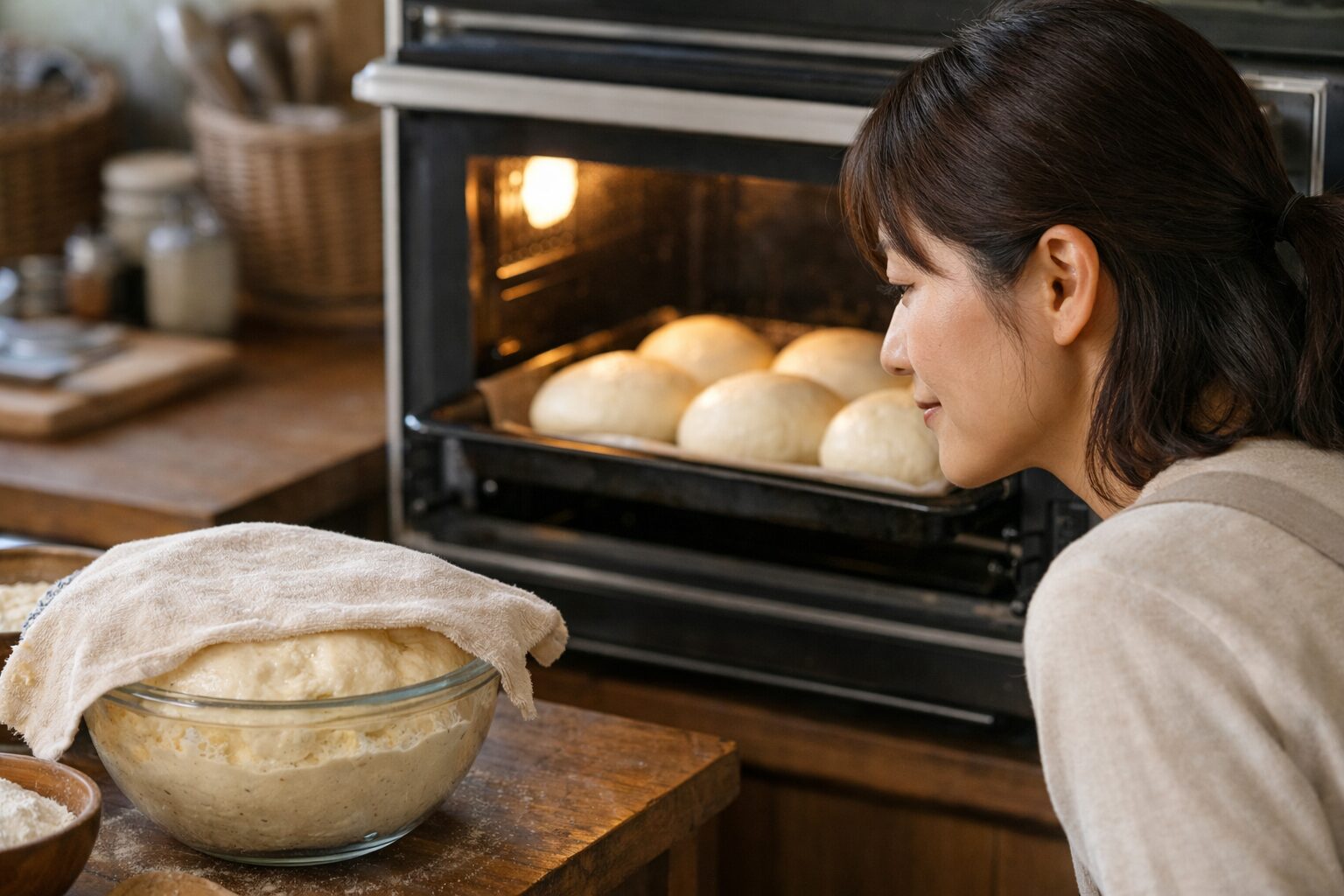 発酵中のパン生地を見守る女性