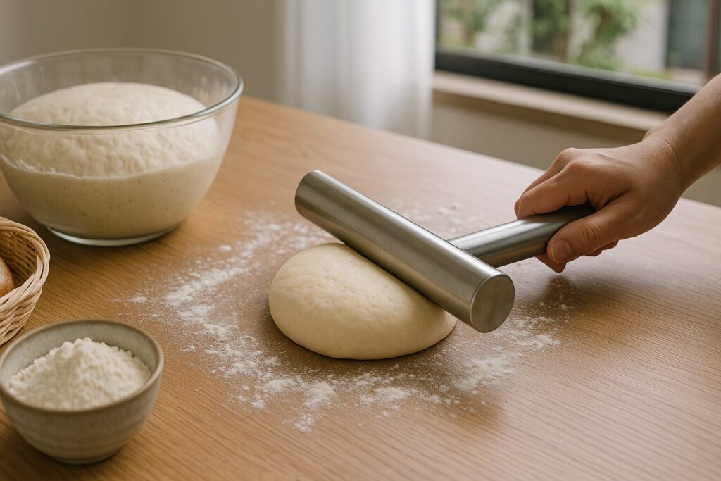 ガス抜きのやり方を説明するパン生地の写真