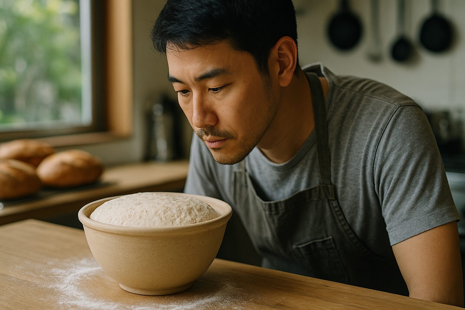 ボールの中のパン発酵状況を確認している男性