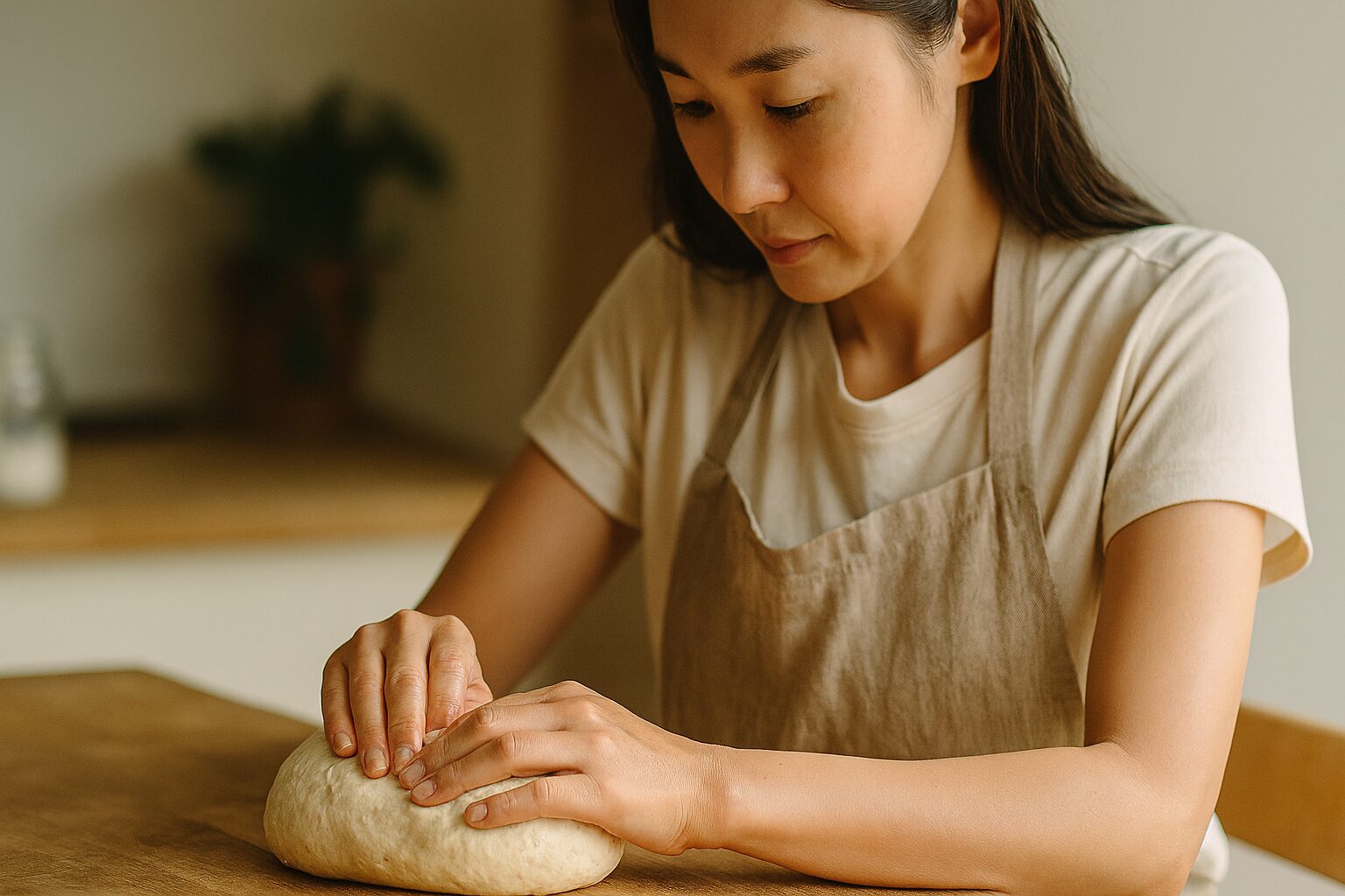 日本人女性がパン生地のガス抜きやり方を実践