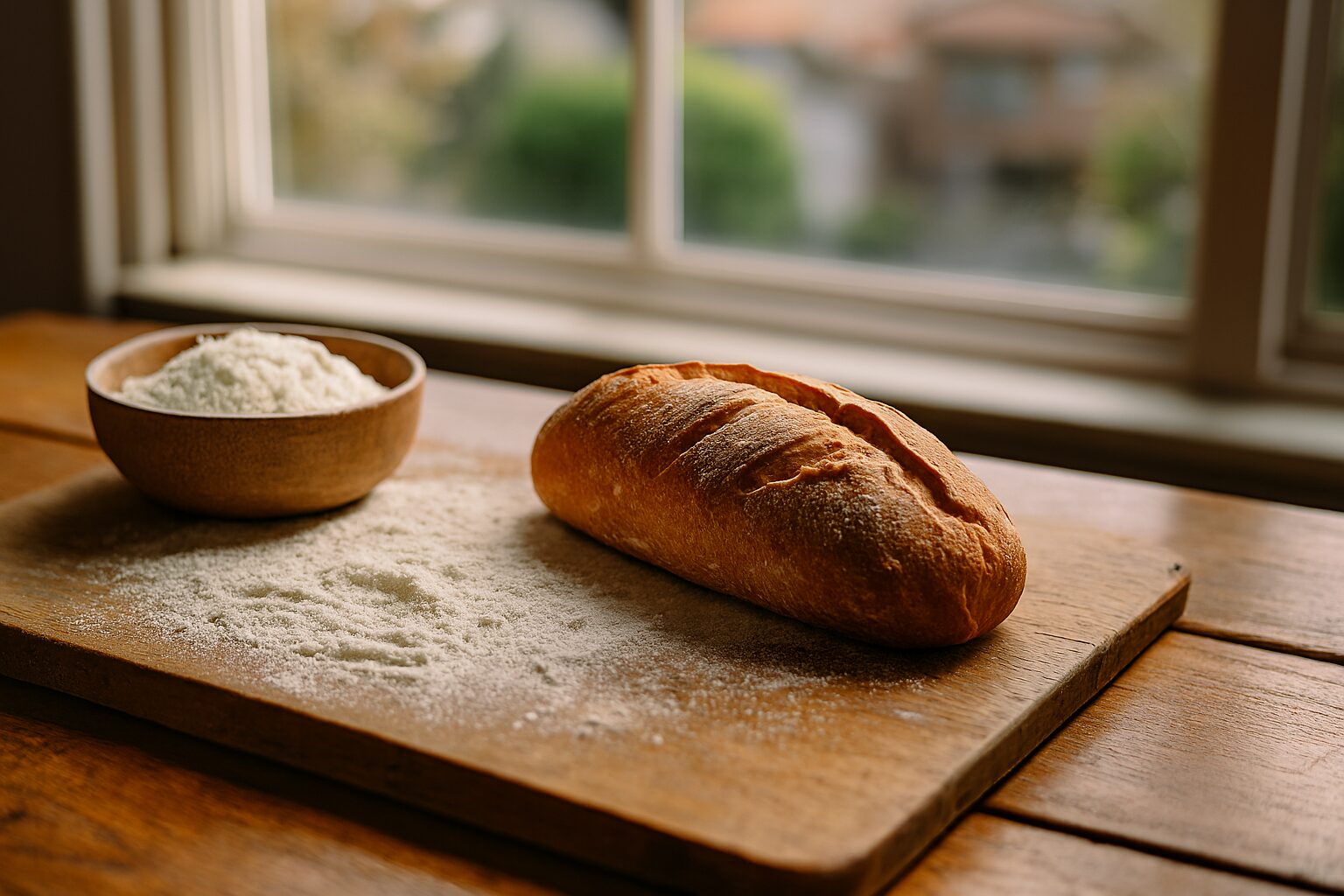 パン白い粉と木のテーブル