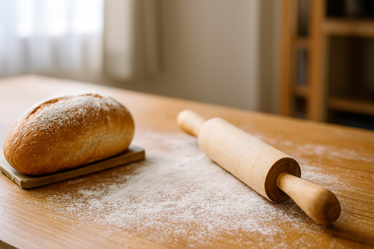 パンとめん棒が木の台に並ぶ