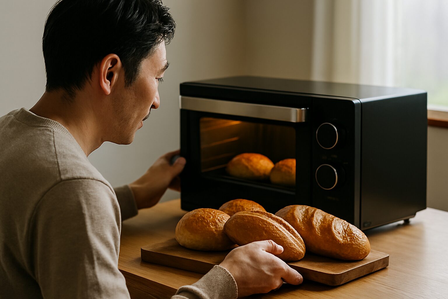 パン オーブンレンジ おすすめ 焼きたてを取り出す男性