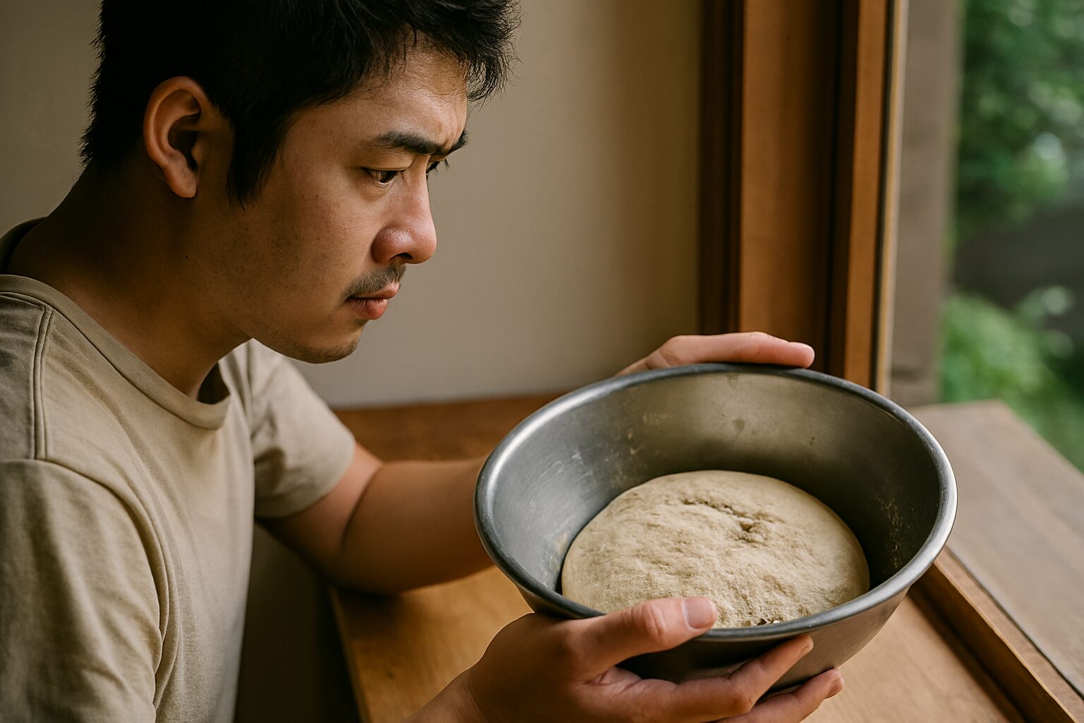 パン1次発酵で膨らまない生地を見る男性