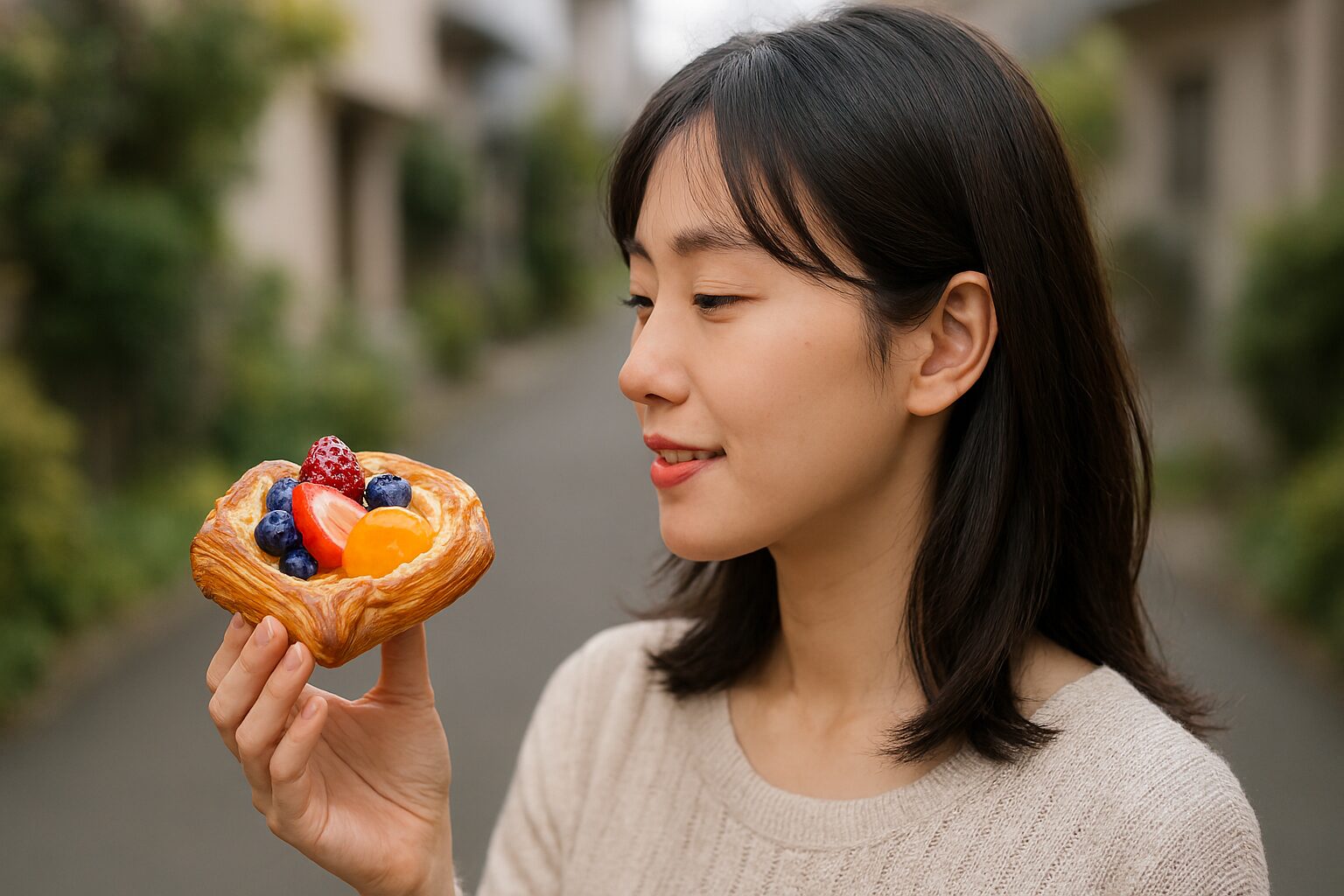 フルーツデニッシュを見つめる日本人女性