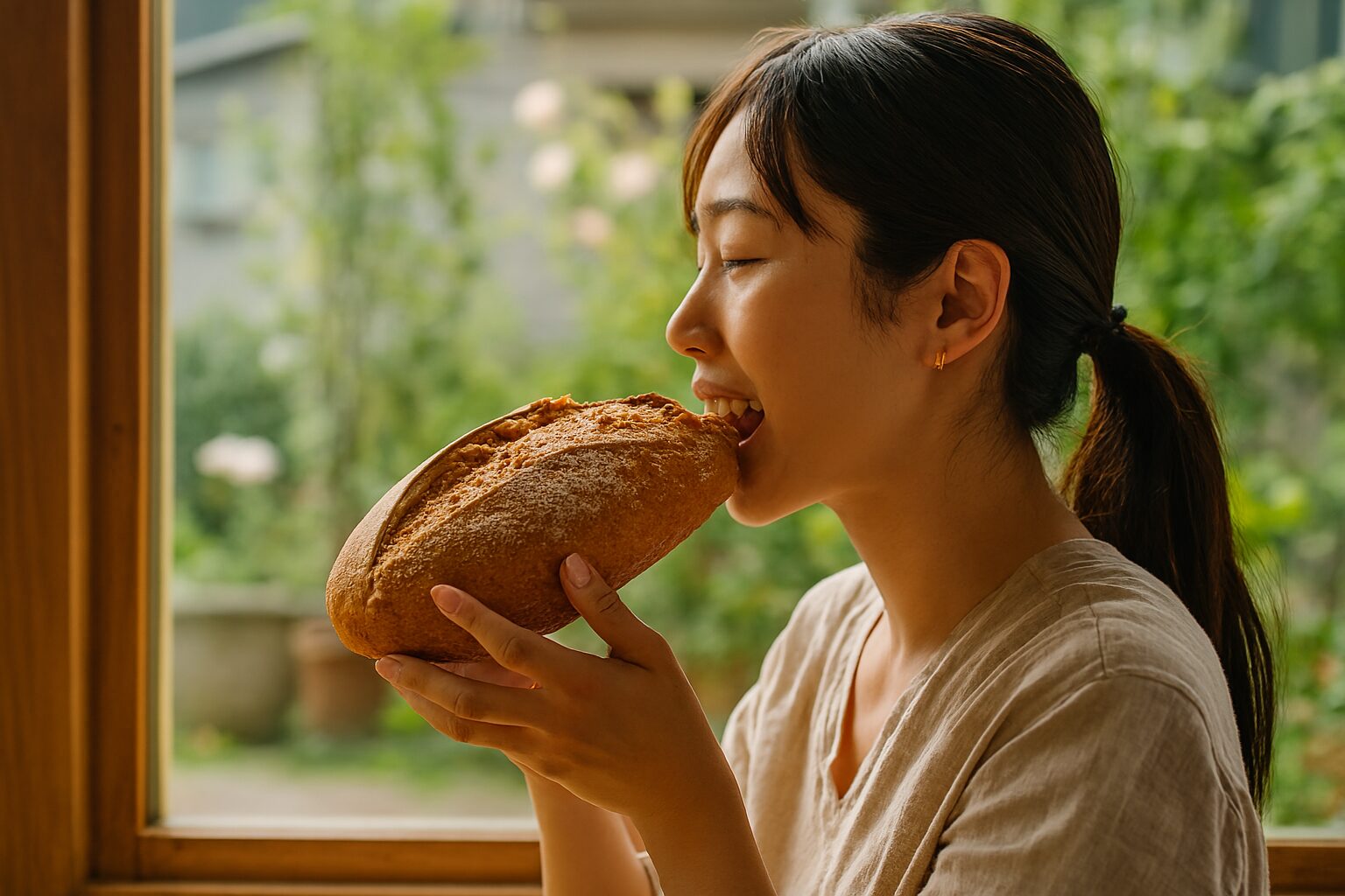 パンのメリットを味わう日本人女性