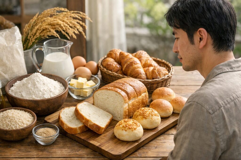 日本人男性が米粉パン材料を準備