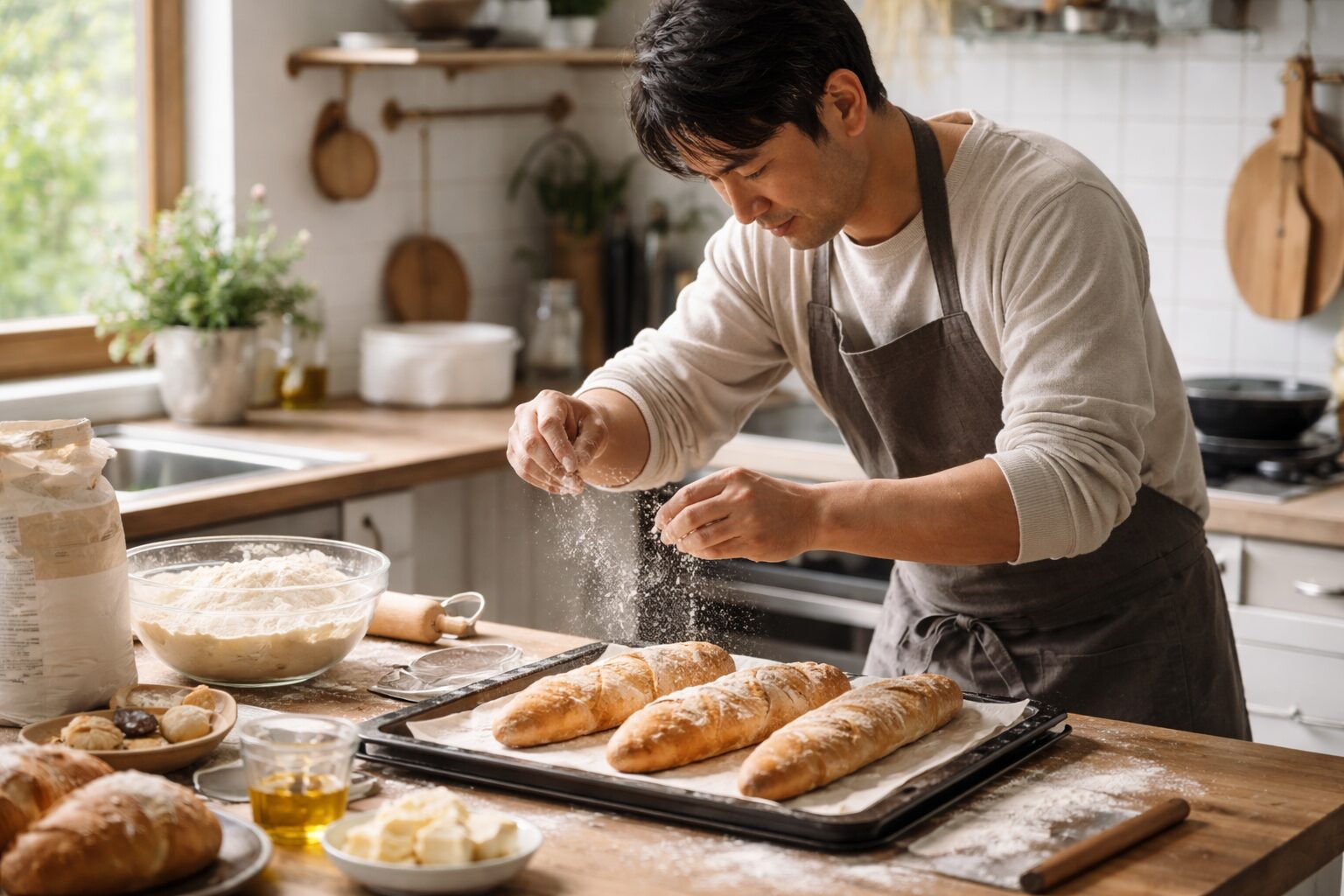 日本人男性が準強力粉を扱う工程