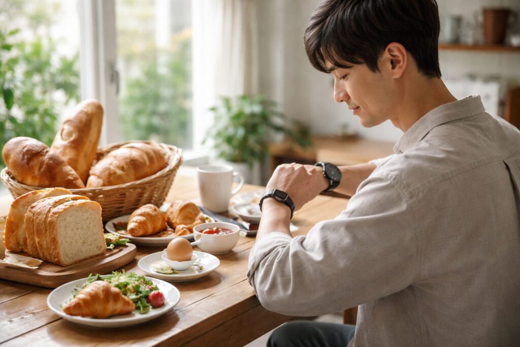 日本人男性がパンの焼き時間を見る