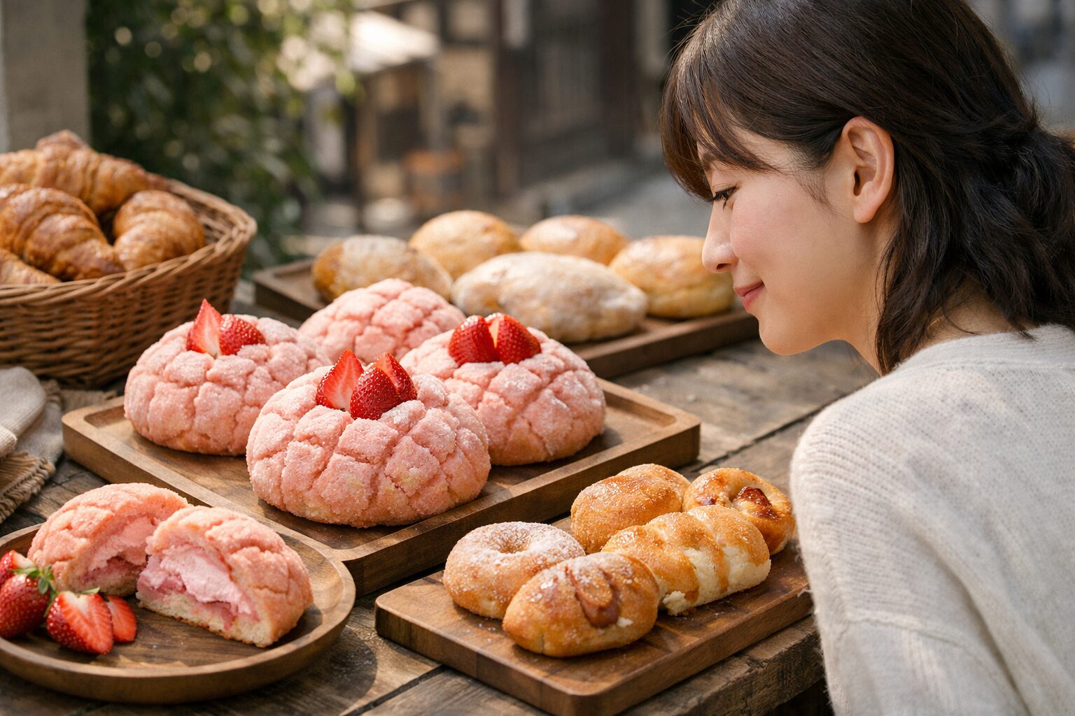 日本人女性がいちごメロンパンを手にする様子