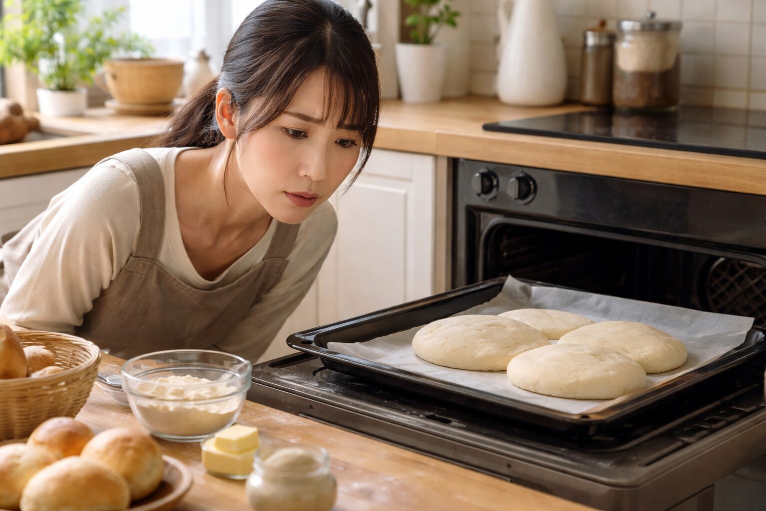 日本人女性が発酵不足のパン生地を確認
