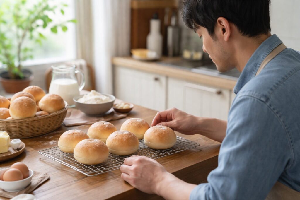 日本人男性が丸パンを仕上げる場面