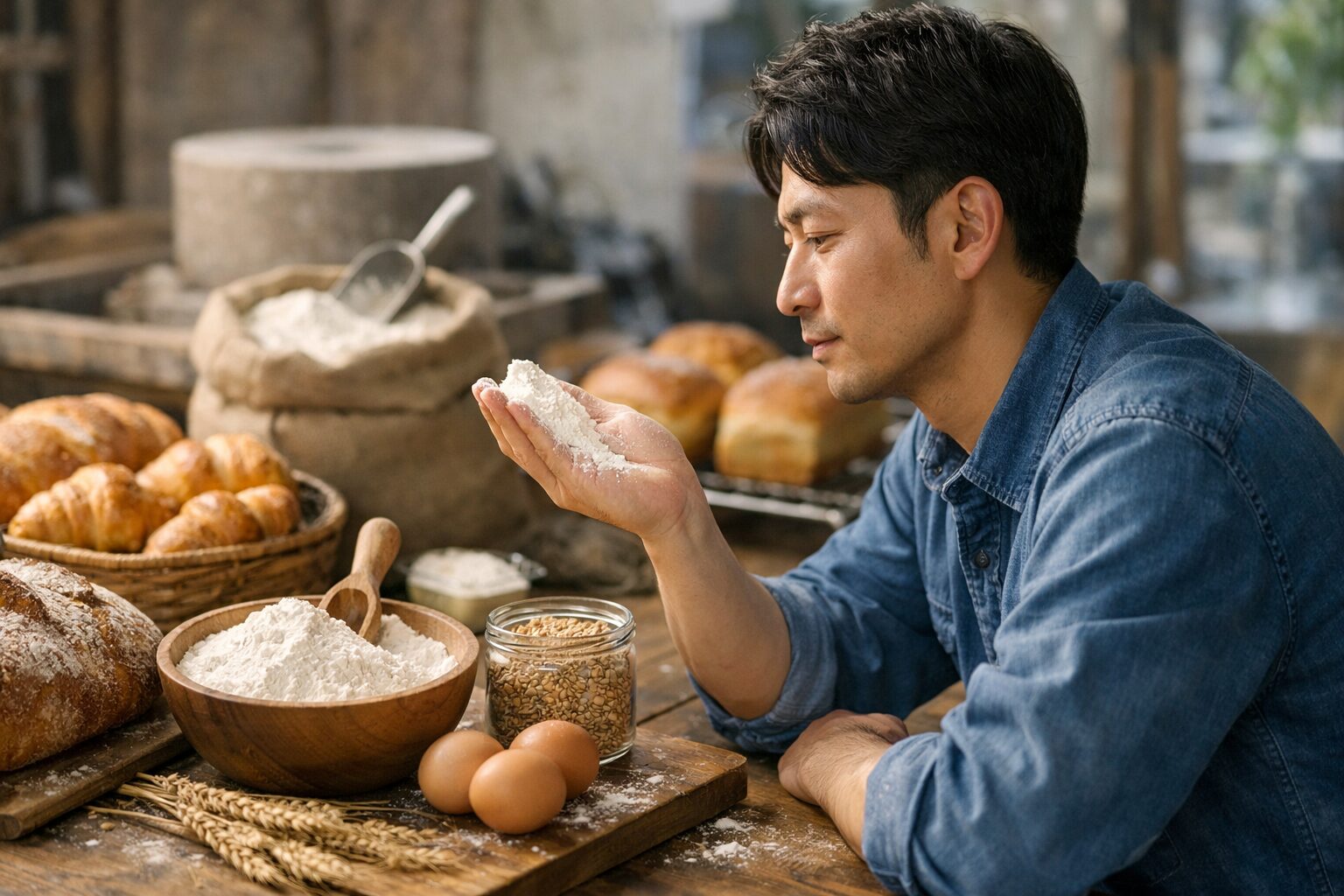 日本人男性が小麦粉のタンパク質量を確認