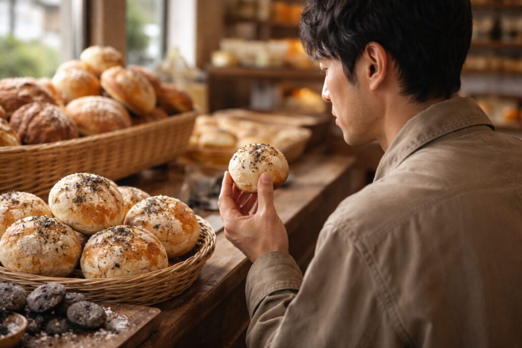 日本人男性が塩トリュフパンを見る