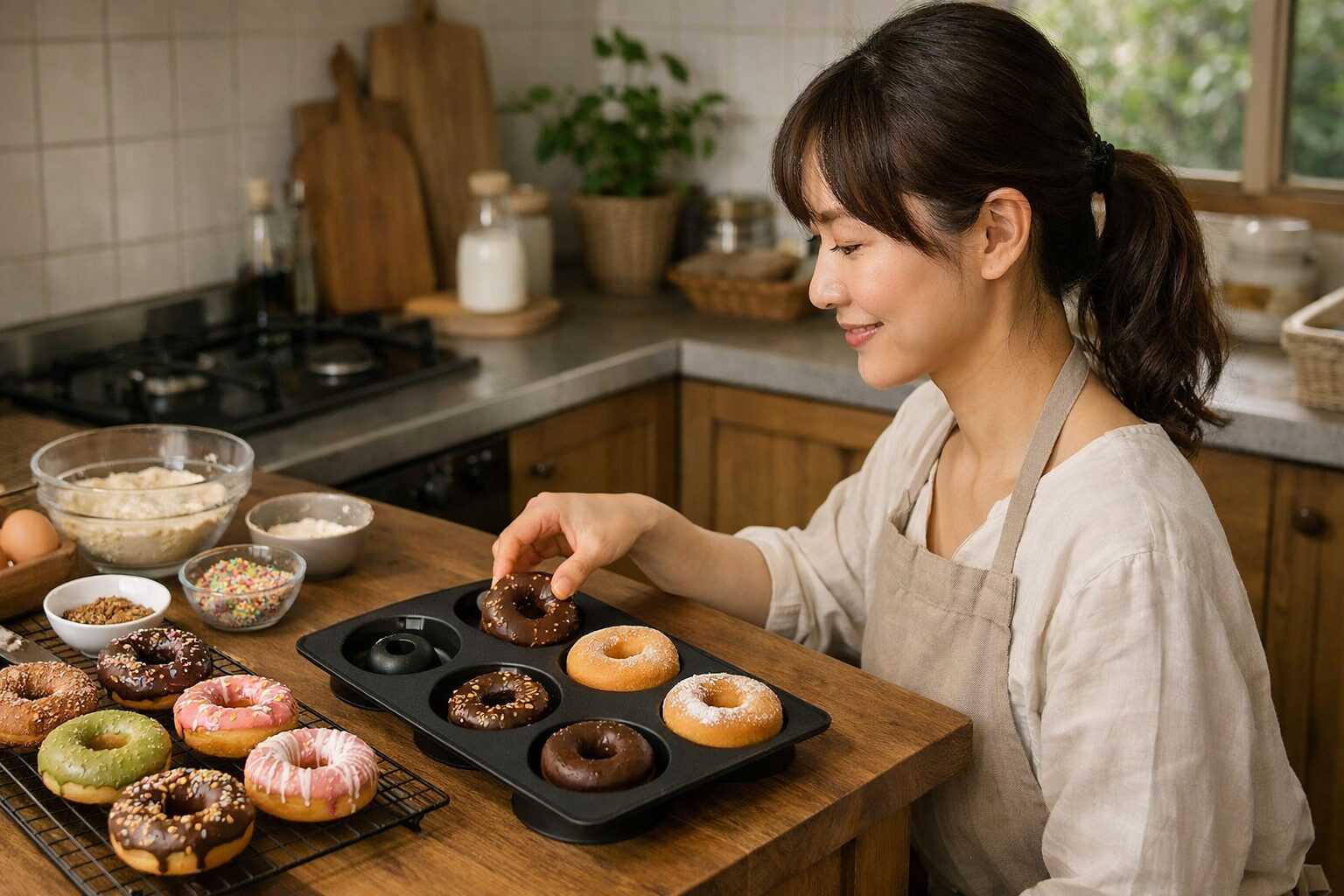 日本人女性がシリコンドーナツ型で調理