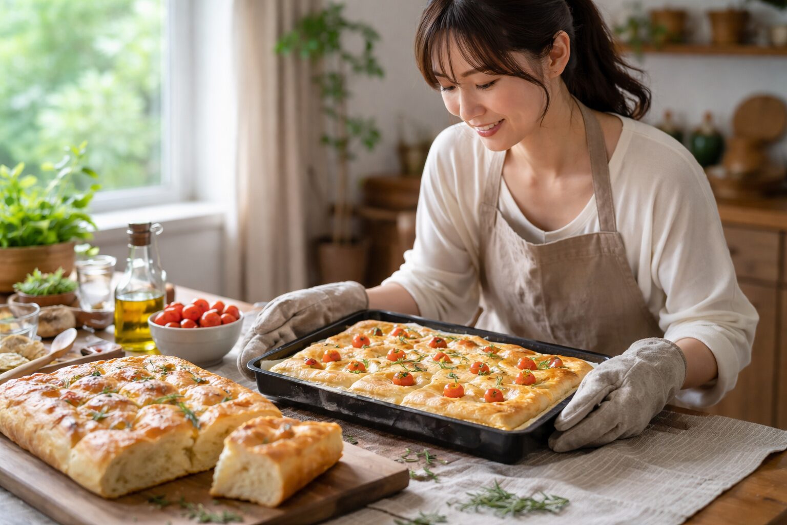 日本人女性が高加水フォカッチャ生地を整える場面