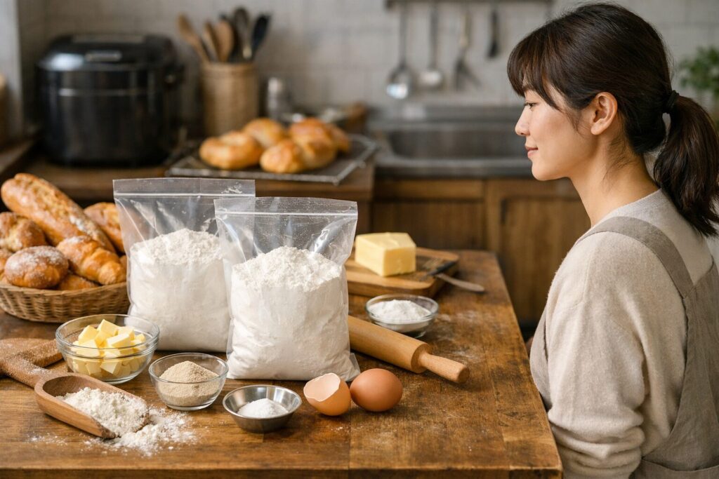 日本人女性が100均の強力粉を持つ