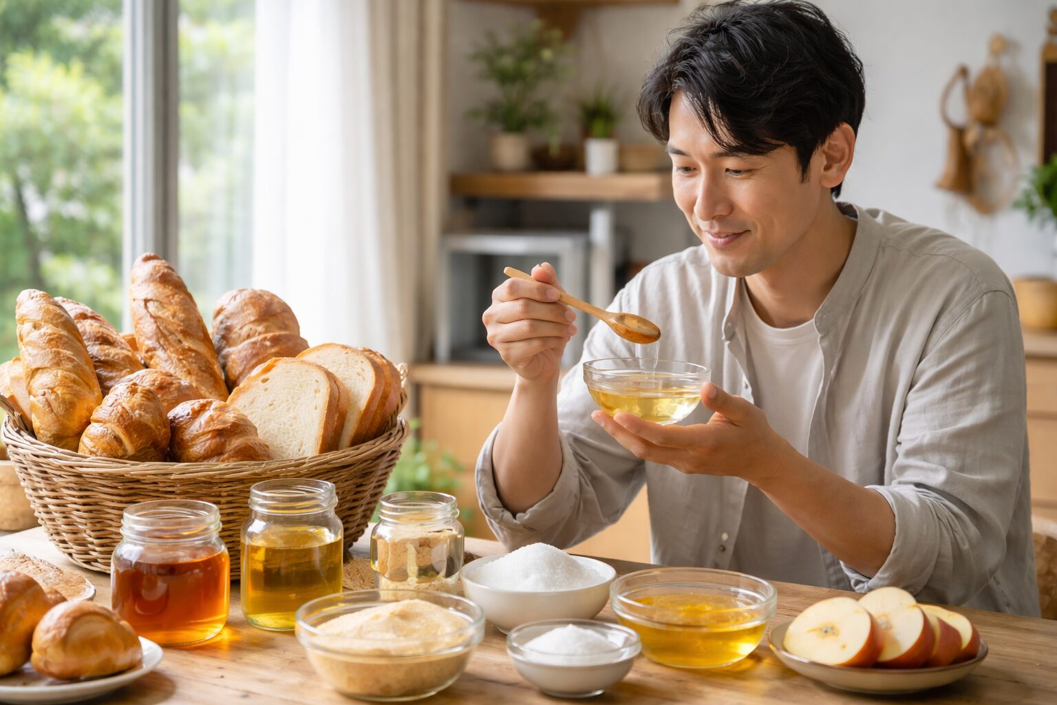 日本人男性が水飴代用の準備をする場面