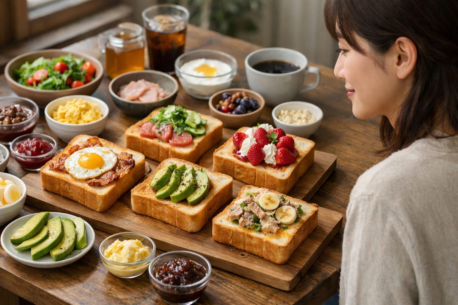 日本人女性が食パンに具材をのせる場面