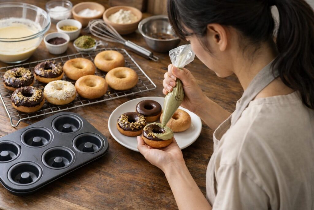 日本人女性が焼きドーナツをきれいに整える場面