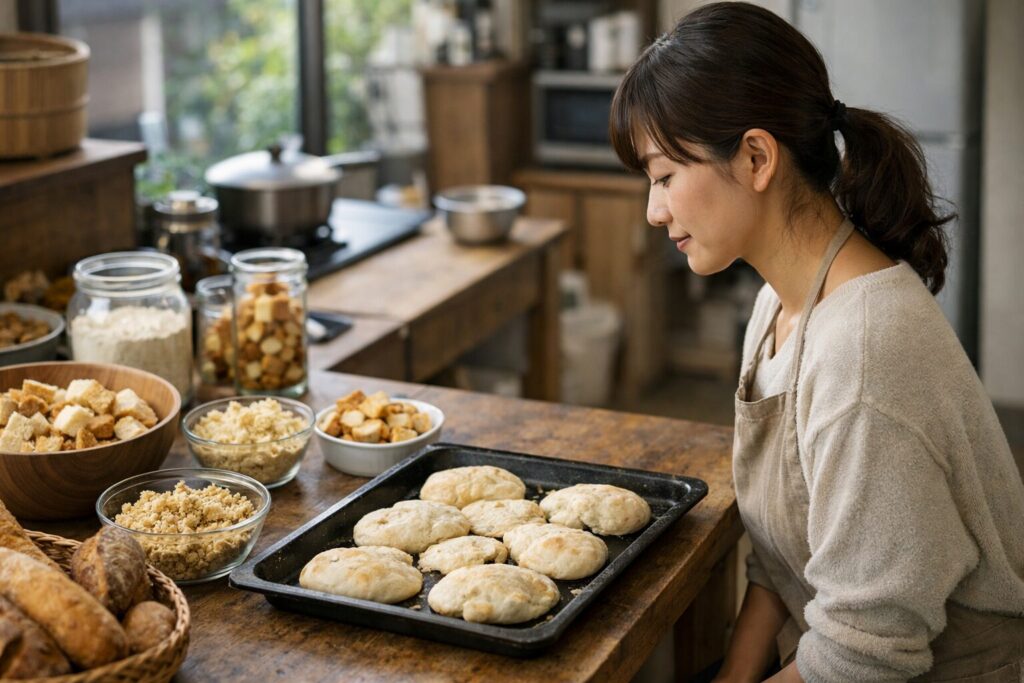 日本人女性が膨らまないパン生地を確認