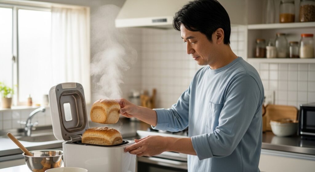 日本人男性が強力粉と薄力粉の配合を確認