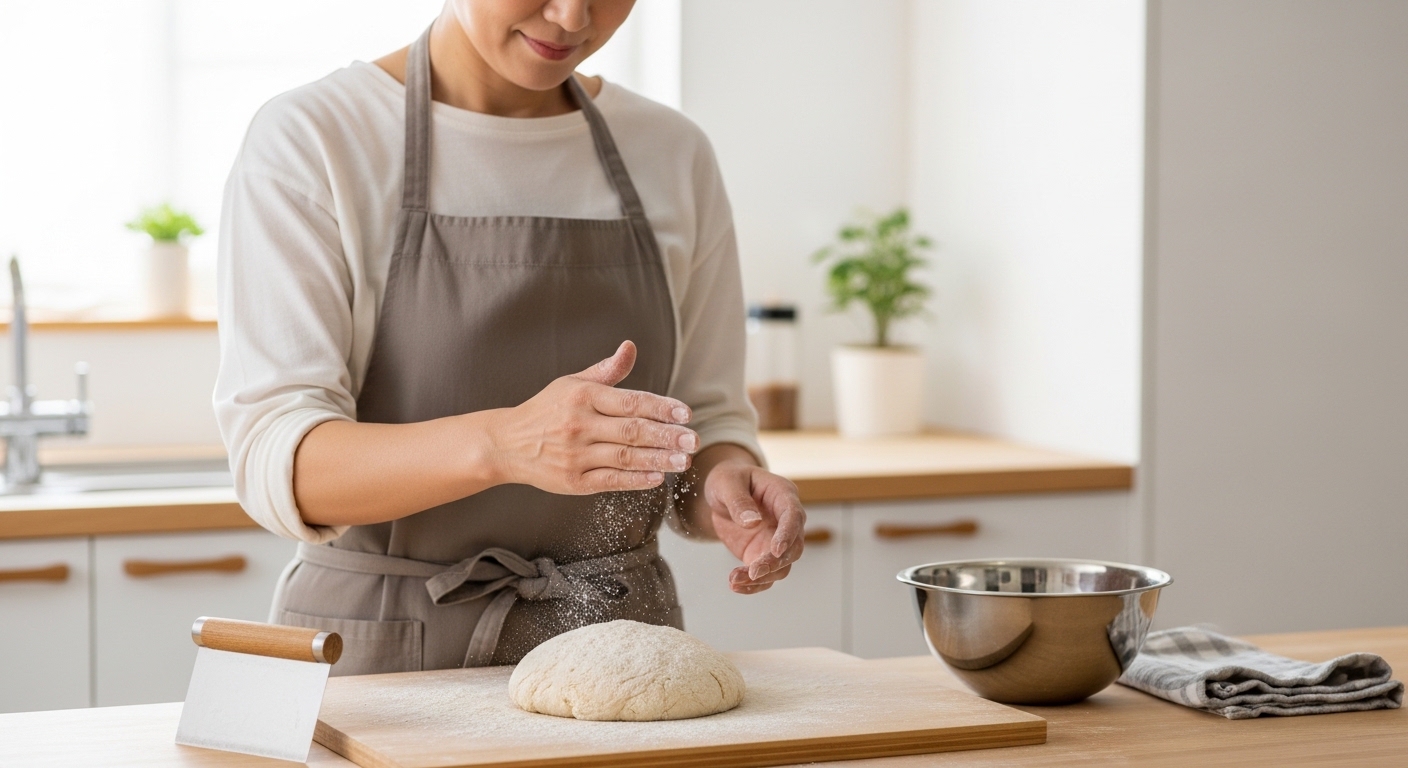 日本人男性が米粉と片栗粉の配合を確認