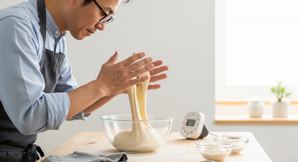 日本人男性がパン生地を40度オーブンで発酵