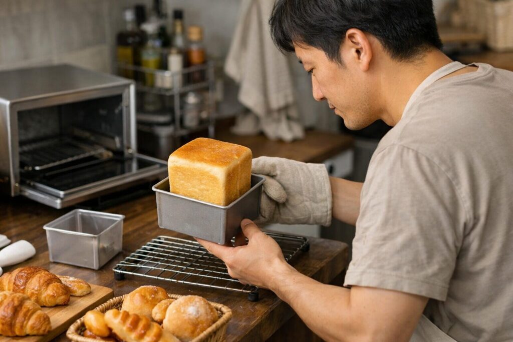 日本人男性が100均で焼いたスクエア型パン