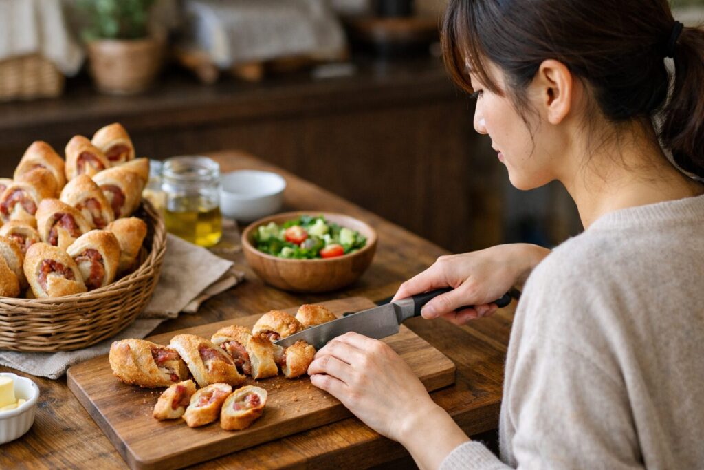 日本人女性が示すベーコンエピの切り方