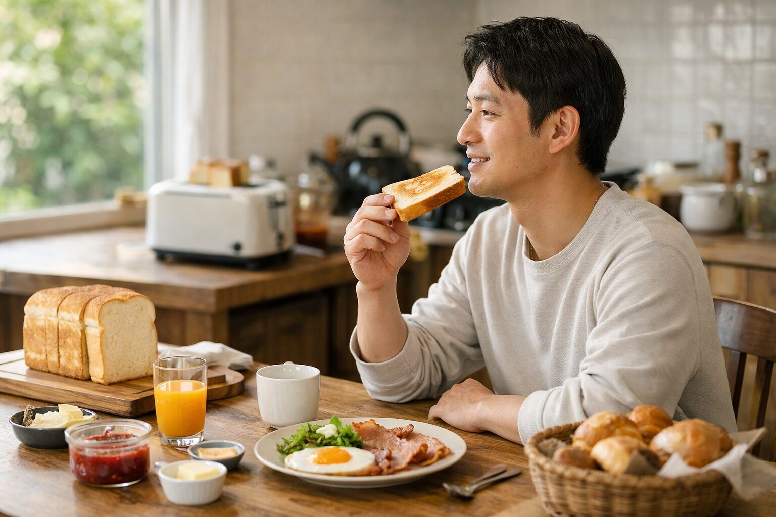 日本人男性が食パンの朝ご飯を味わう様子