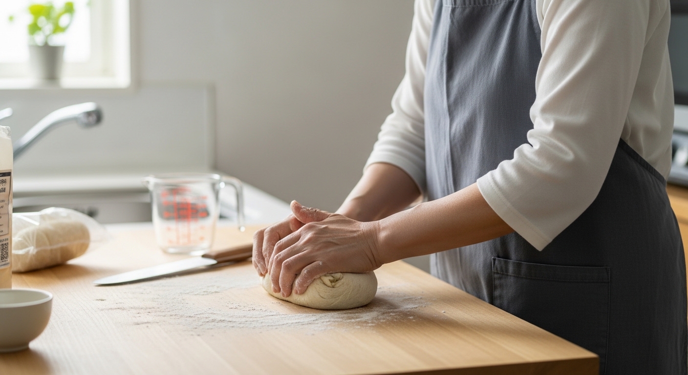 日本人女性が湯種で生地をこねる工程