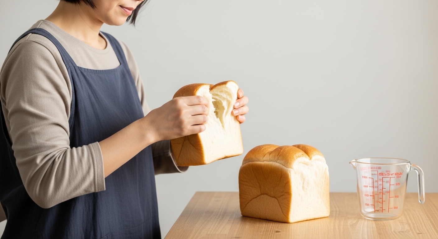 日本人女性が甘く柔らかい高級食パンを持つ