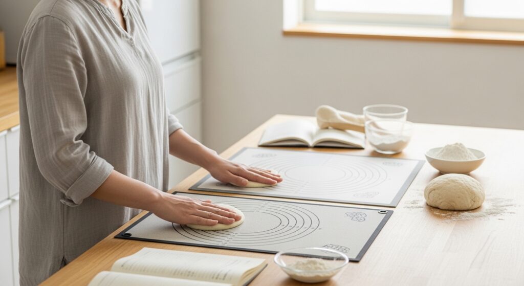 日本人女性がパンこねマットで生地を準備