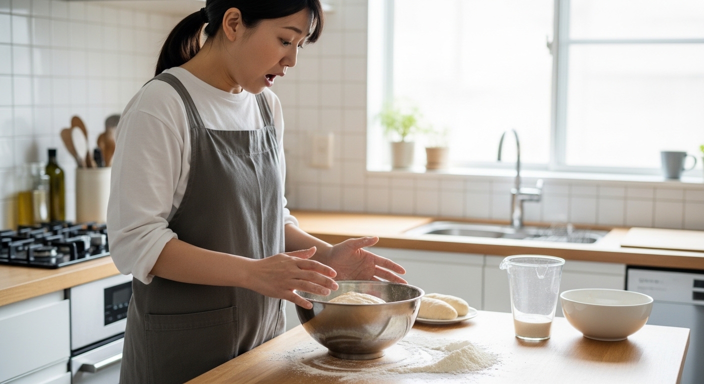 日本人女性が膨らまない生地を見て対処