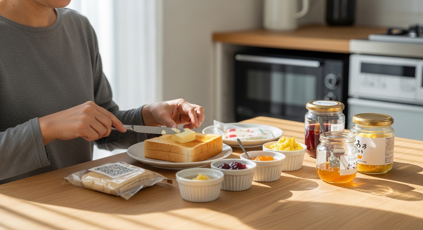 日本人女性が食パンにジャムを塗る様子