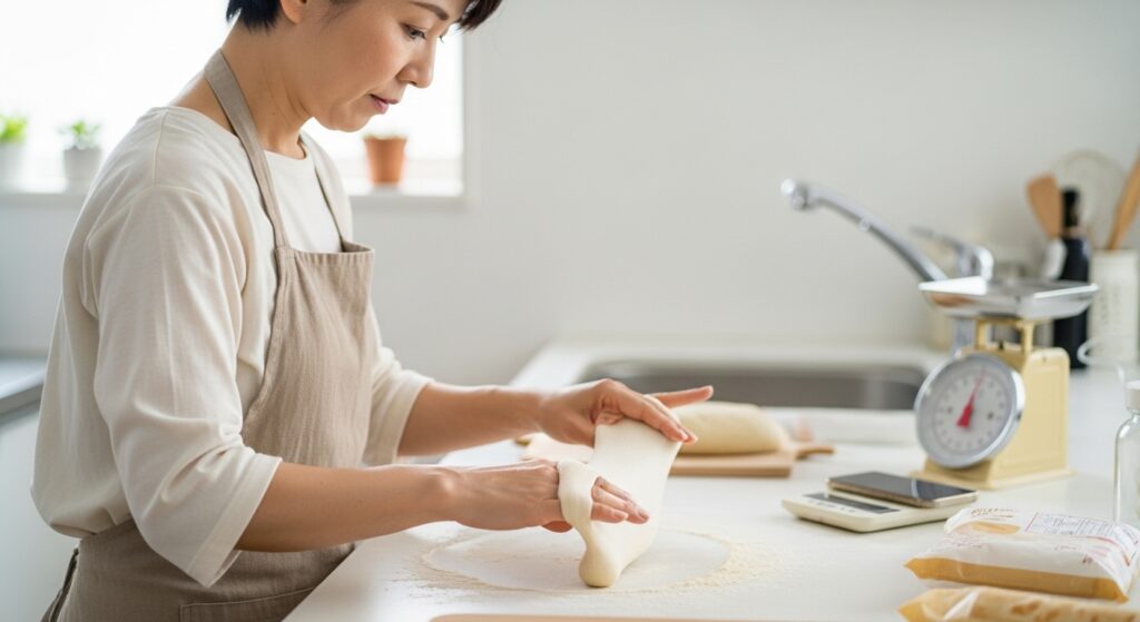 日本人女性が見るこね過ぎパン生地の状態