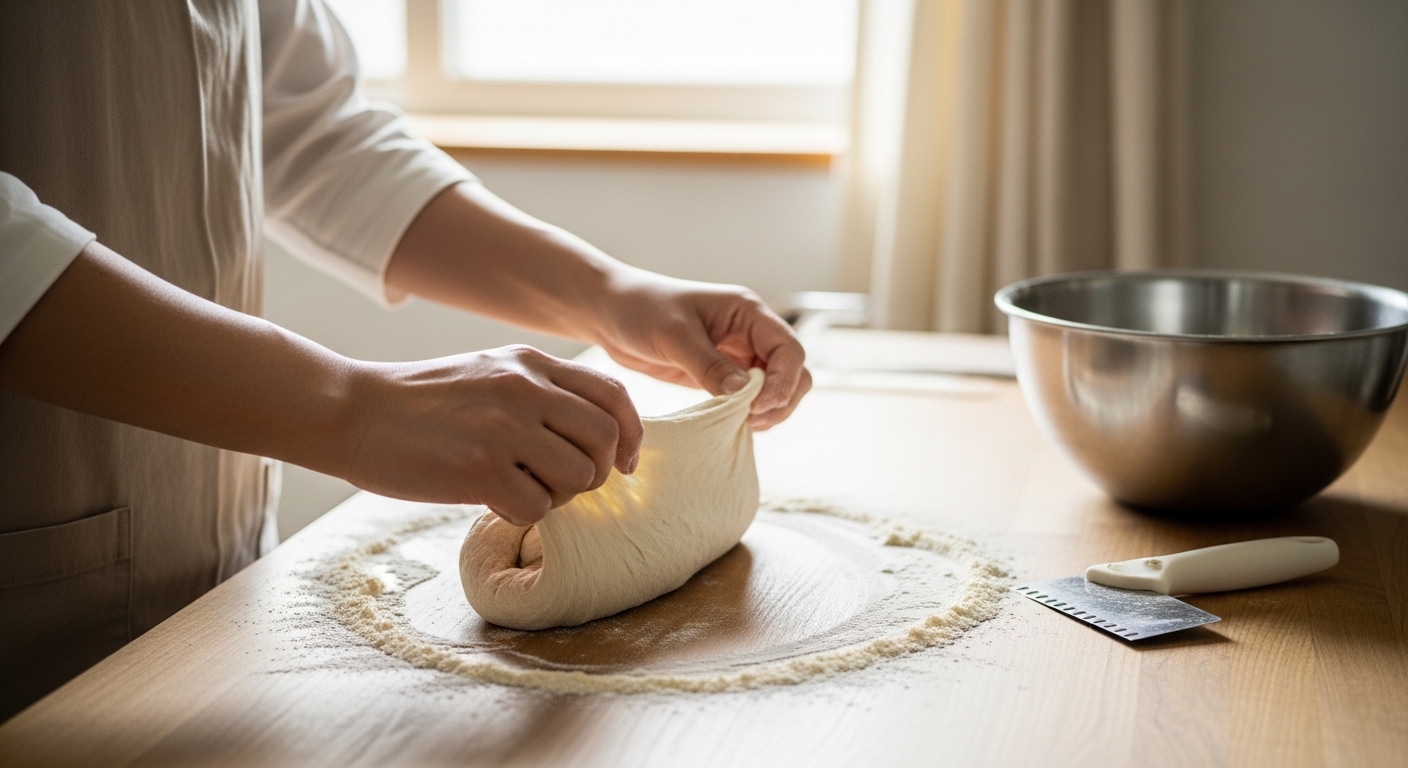 日本人女性が手ごねパンの成形工程を行う様子