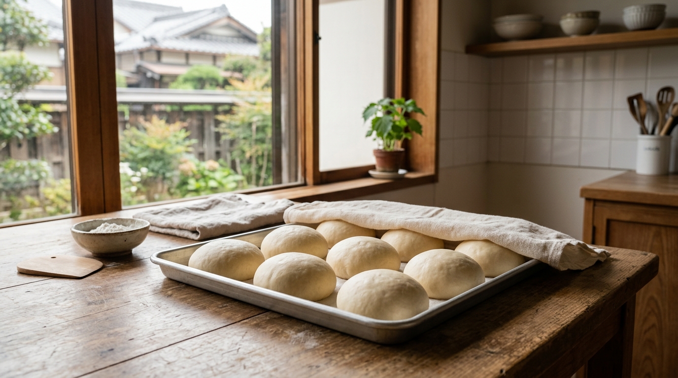 スイートロール用に整えられた生地と発酵準備の道具が並ぶ、焼き上がり前の温かなパン工房の風景