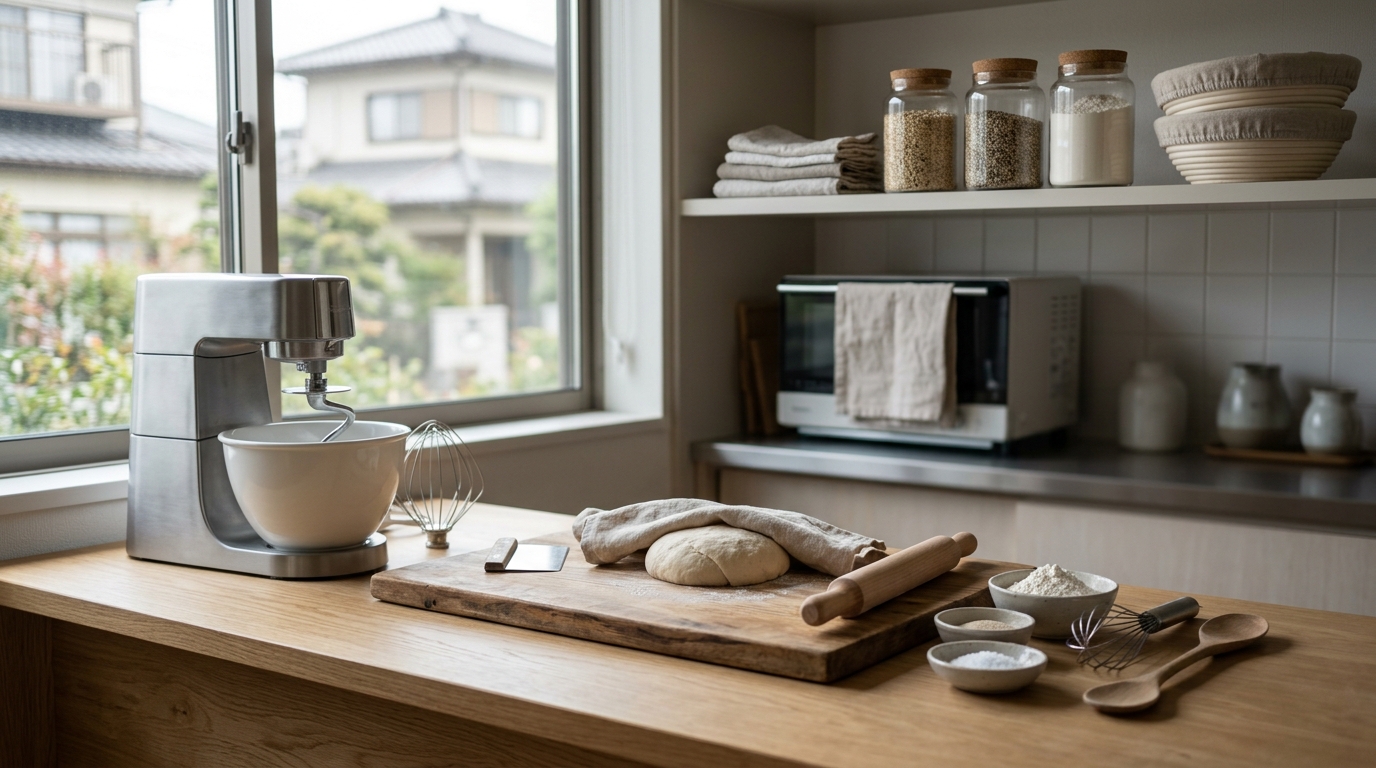 ゆめちからの超強力粉で作るパン作りをイメージした、清潔に整えられたキッチンカウンターと調理空間