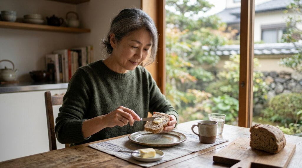 ドーナツオーブン用の型を使った焼きドーナツ作りを解説するため、生地を準備しながら型選びを確認しているキッチン風景