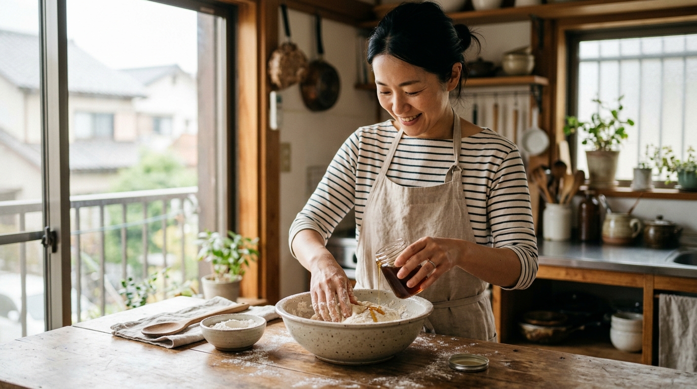 日本人女性とはちみつ代用のパン材料