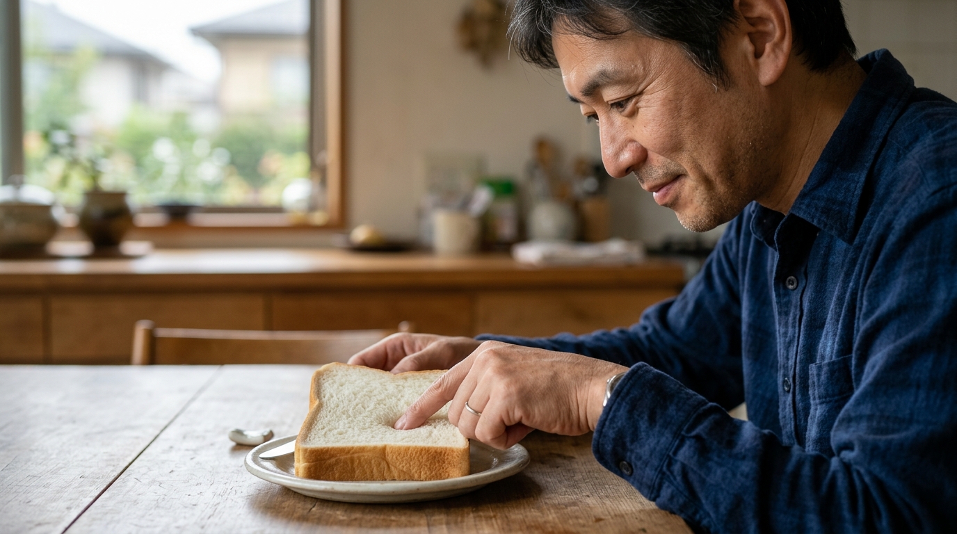 パン生地の牛乳・水換算を確認しながら、自宅キッチンで食パン作りに挑戦する男性の調理シーン