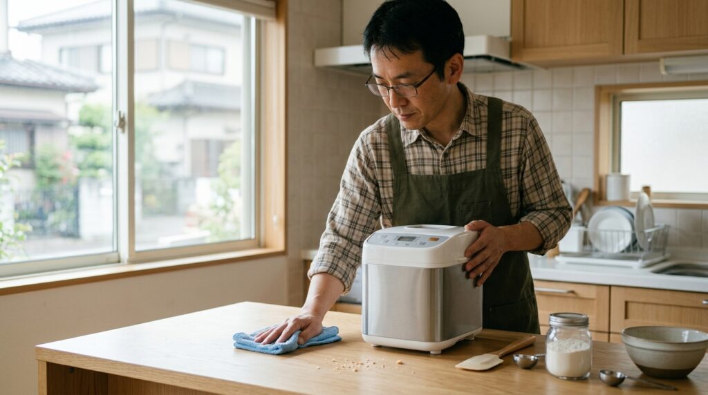 ゆめちからの超強力粉を使ったパン作り前に、キッチンカウンターを丁寧に整える男性の作業風景