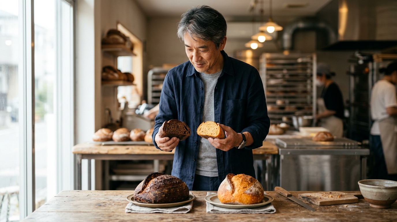 パン作りシートの種類を比較しながら、男性が作業台で用途別にシートを選びパン生地を成形している様子