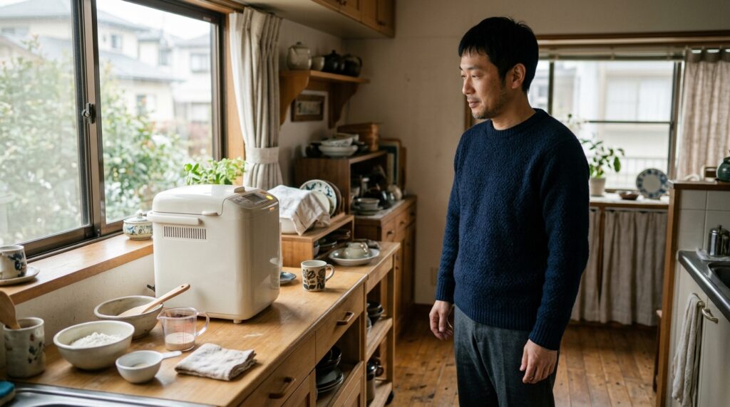 天然酵母とこむぎ粉の相性を解説するため、ホームベーカリーの前で発酵状態を確認するパン作り風景