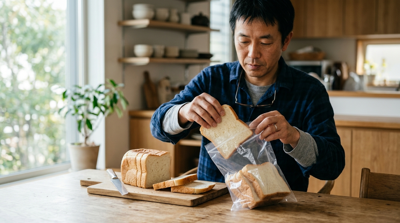 プレッツェル作りで苛性ソーダの役割を確認しながら、安全な代替法で焼き上げを行う男性のパン作り風景
