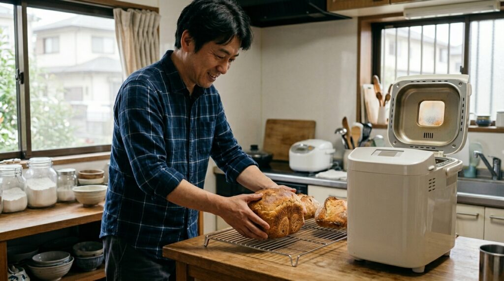 ベーグルはなぜ茹でるのかを解説するため、ケトリング後のベーグルをラックに並べて冷ましているパン作り風景
