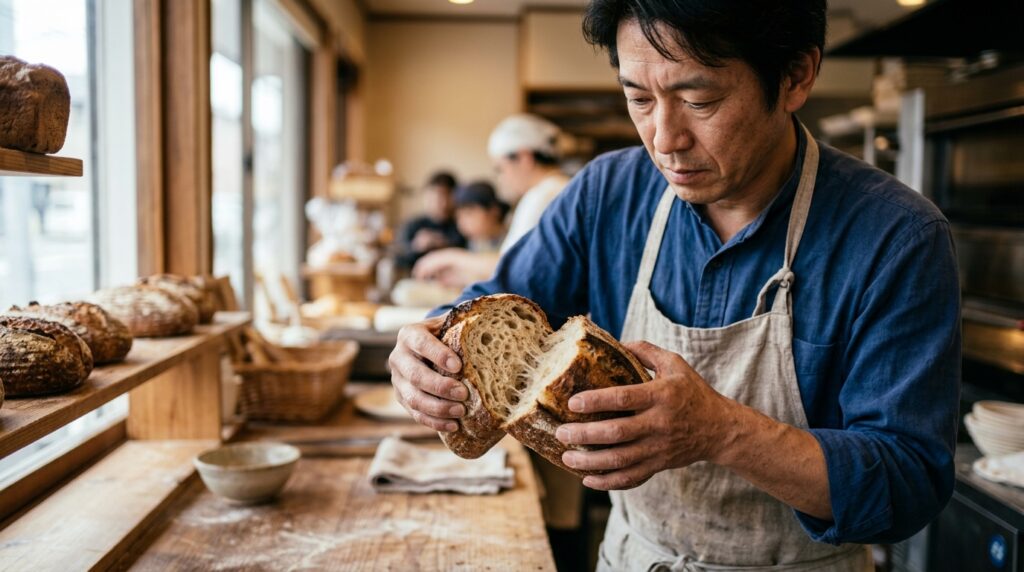 プレッツェルの作り方を解説するため、重曹液で仕上げた本格的なプレッツェルを手にしたパン作り風景
